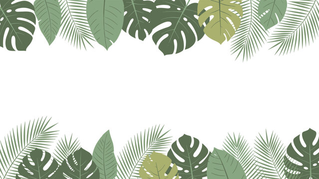 Lush green tropical leaf border featuring monstera leaves and palm fronds arranged along the top and bottom edges.