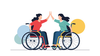 Fototapeta premium Two happy women in wheelchairs giving each other a high five to celebrate success and friendship in a flat vector style.