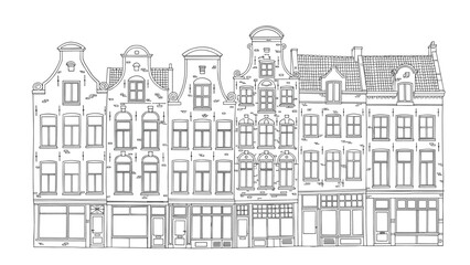 Obraz premium Detailed hand drawn line art illustration of a row of traditional historic canal houses found in the city of amsterdam.