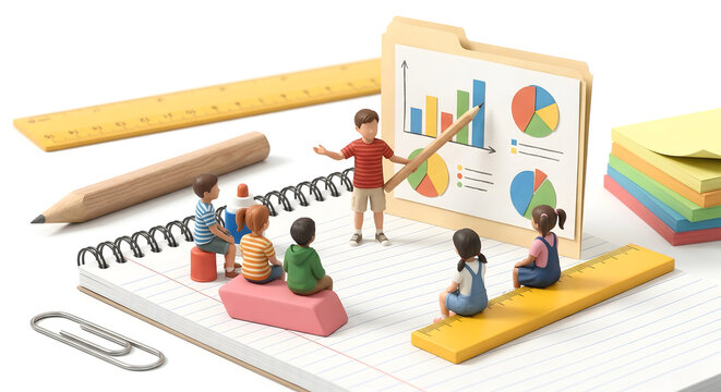 ノートの上でグラフを使いプレゼン発表をする子供たちのミニチュア
