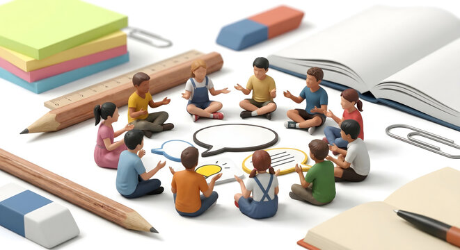 文房具に囲まれて円になって対話・議論する子供たちのミニチュア
