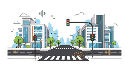 Obraz premium Clean and quiet city street intersection features modern office buildings, multiple traffic lights, and marked pedestrian crosswalks.