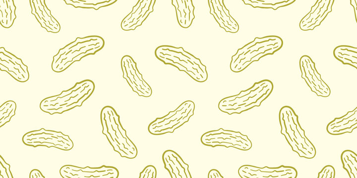 Hand drawn Pickled Cucumber Background. Doodle Line Pickled Cucumber Seamless Pattern. Pickle Repeated Pattern.