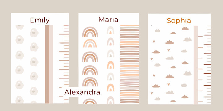Three illustrated height charts with names and decorative patterns