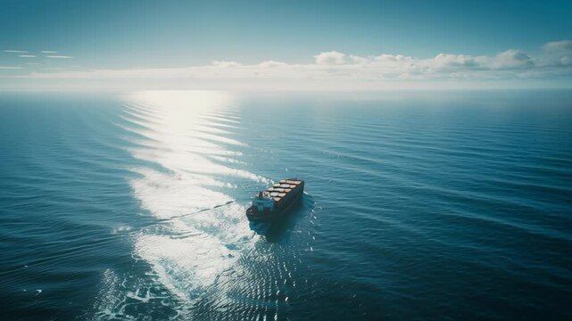 cargo ship in vast open ocean, tiny vessel against endless blue water and sky, strong sense of scale and isolation, Lonely cargo ship sails vast, deep blue ocean. Sky holds soft clouds above calm sea.