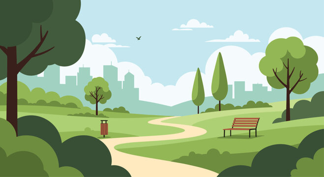 Serene public city park landscape with winding walking path green grass lush trees and distant urban skyline silhouette in daylight.