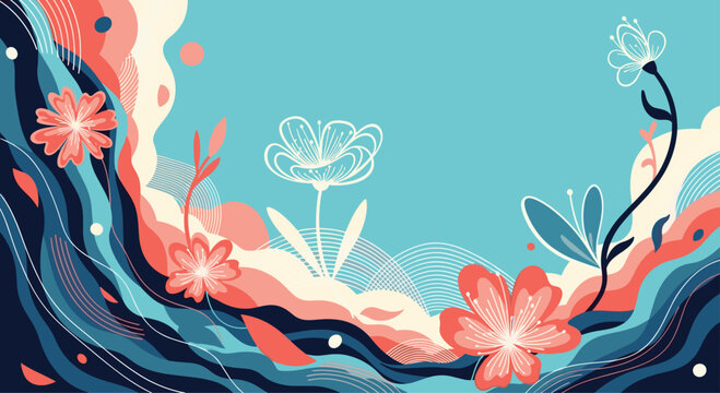 Vibrant floral and abstract background design featuring bold pink flowers nestled within flowing navy blue and coral waves.
