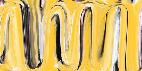 Dynamic yellow black and white abstract fluid background with thick vertical wave brushstrokes. This flowing liquid marble canvas serves as a striking contemporary template. © Faiyaz