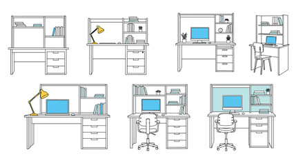 Fototapeta premium Set of different office desk and workstation designs featuring computers, lamps, shelves, and storage drawers.