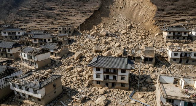 Aerial view of a village destroyed by a massive rockfall landslide with damaged traditional houses and debris