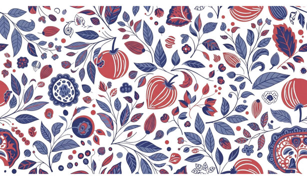 Boho chic indigo blue and red ornament vector with floral and almond patterns