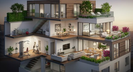 Fototapeta premium Modern Luxury Penthouse Cutaway: Multi-Level Design with Rooftop Gardens and Fitness Area