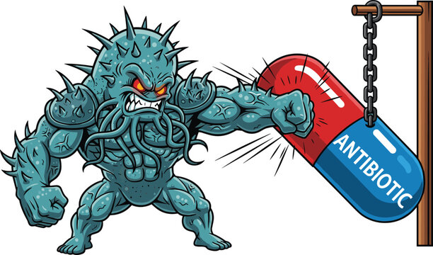 Cartoon bacteria monster punching antibiotic capsule, concept of drug resistance and antimicrobial awareness illustration isolated vector for healthcare design