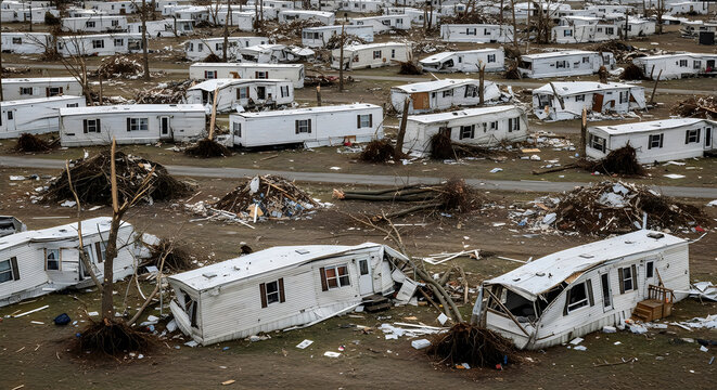 Aerial view of a mobile home park after a devastating tornado with destroyed trailers, debris, and uprooted trees