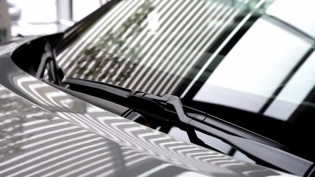 A close-up of a car windshield wiper blade moving across the glass, showing the design and functionality of the mechanism.