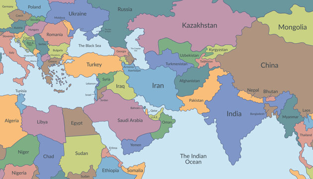 Detailed multicolored political map of the Middle East and nearby regions2. Vector flat background.