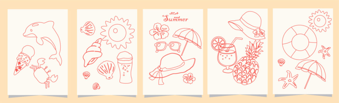doodle summer collection posters  card with summertime vacation objects for print, cover, flyer, layout, banner, brochure 