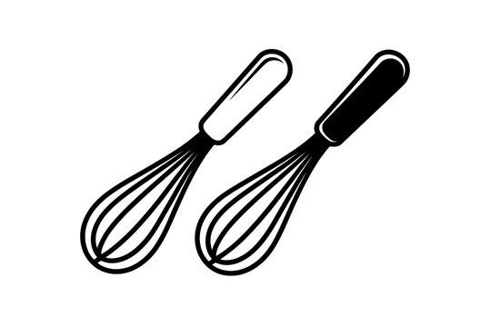 A minimalist vector illustration of two whisks with different handles on a transparent background