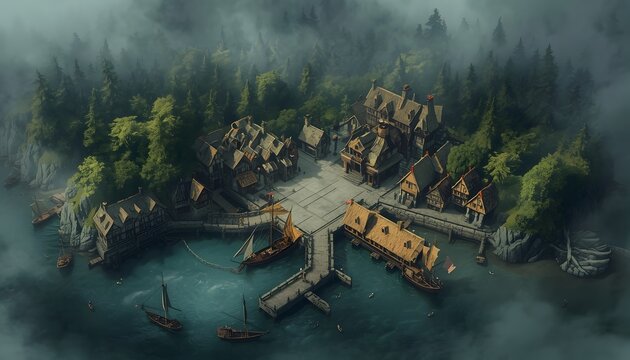 isometric fantasy map illustration of a coastal medieval settlement. The scene features a small village with thatched-roof wooden cottages