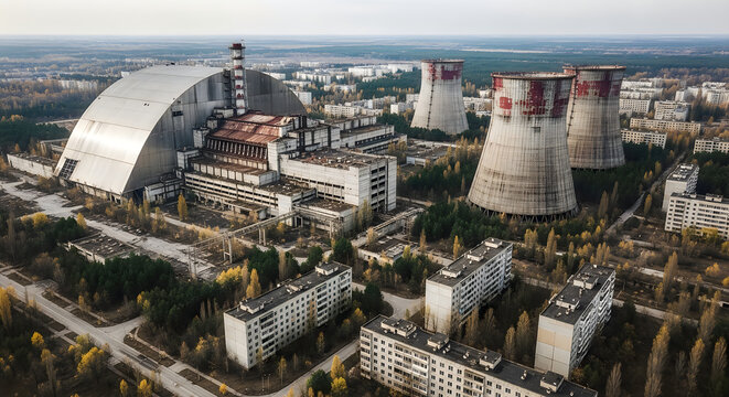 Aerial view of the chernobyl nuclear power plant with the new safe confinement structure and cooling towers in ukraine