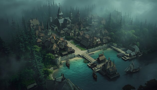 isometric fantasy map illustration of a coastal medieval settlement. The scene features a small village with thatched-roof wooden cottages