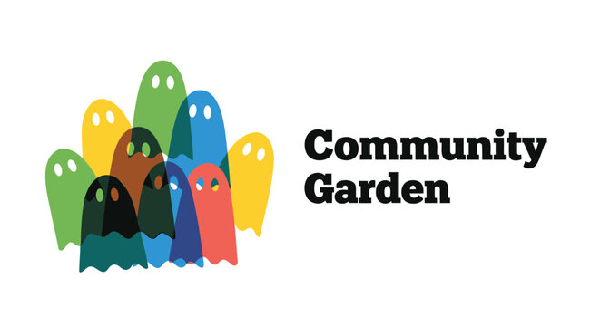 Community garden, colorful ghost faces, eco friendly, sustainable living vector