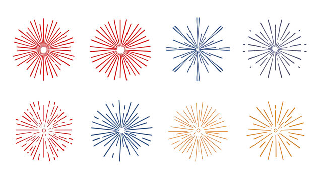 vector set of simple geometric firework bursts in red blue and gold isolated on transparent background