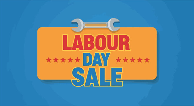 Labour Day Sale banner features an industrial wrench icon and festive stars on a vibrant.