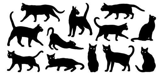 Obraz premium Black silhouette illustrations of cats isolated on a transparent background