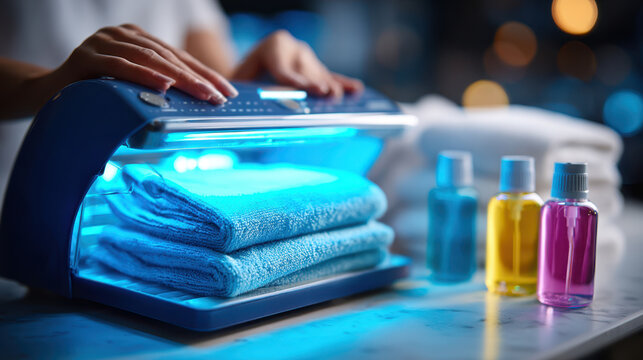 Nail technician sterilizing metal tools with uv sterilizer for salon hygiene background and manicure sterilization equipment closeup for beauty salon design