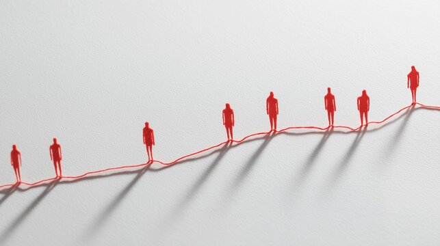 Minimalist composition with a single red thread connecting multiple small human figures