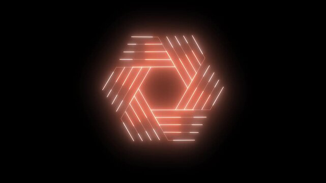 Glowing neon hexagon shape made of striped geometric elements on a dark background. Modern futuristic abstract design ideal for technology, digital branding, cyber themes, and creative visual composit