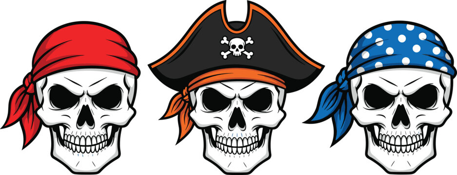 Set of pirate skulls with bandana and hat, detailed cartoon skeleton heads, adventure and Halloween themed vector illustration collection