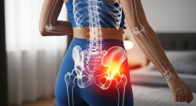 3D Visualization of Hip Pain and Pelvic Injury with X-ray Skeleton Overlay on a Woman in Sportswear Back View
