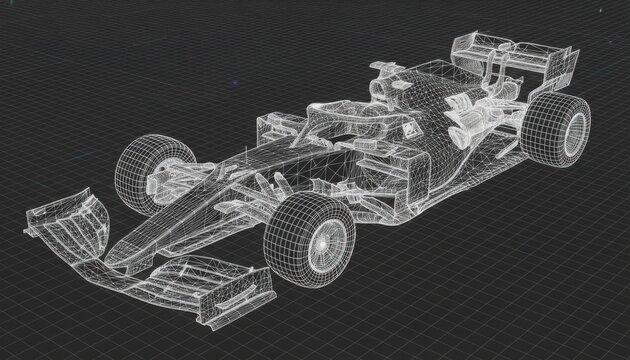 Digital wireframe mesh of a formula racing car shown against a dark background emphasizing the complex aerodynamic structure