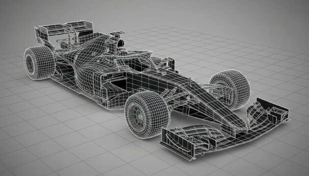 Detailed wireframe model of formula racing car showing intricate mesh structure and aerodynamic body on gray grid