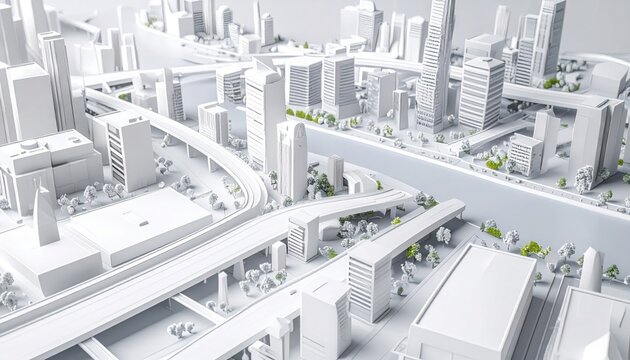 Monochromatic white scale model of sprawling metropolitan city area with skyscrapers highways and miniature green trees on display table