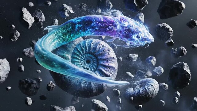 Spectral Ammonite Creature Floating in a Cosmic Space