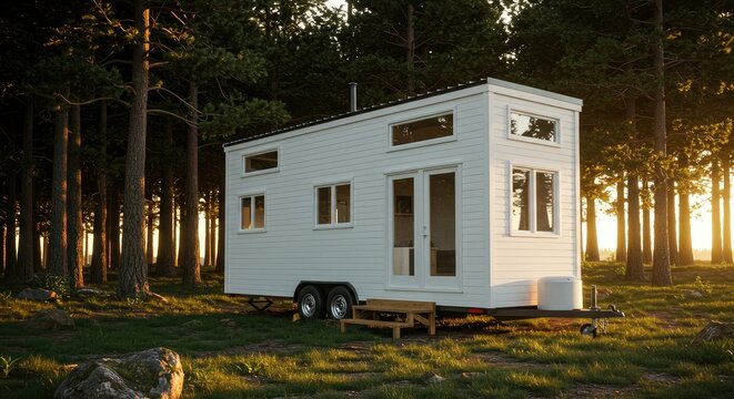 Modern White Tiny House on Wheels in Forest at Sunset, Sustainable Living