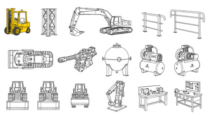 Vector Illustrations of Industrial Machinery and Equipment, Including Forklifts, Excavators, Compressors, and Construction Tools. © Mdjillur