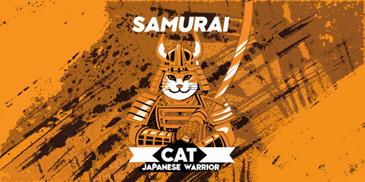 A whimsical samurai cat illustration against an orange textured background