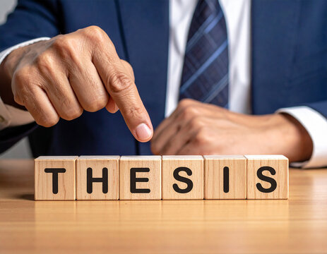 Thesis - Geschäftsmann zeigt auf das Wort "Thesis"
