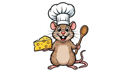 Cartoon chef mouse holding cheese and spoon funny character illustration for culinary concepts and food branding isolated on white