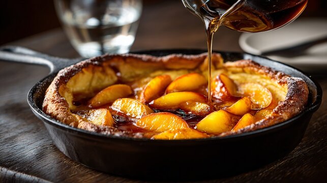 A peach bourbon Dutch baby pancake with caramelized peaches and glossy syrup sits on a dark walnut table under warm ambient evening lighting