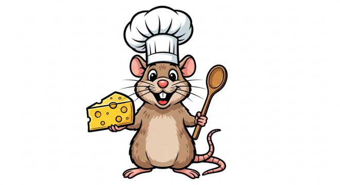 Cartoon chef mouse holding cheese and spoon funny character illustration for culinary concepts and food branding isolated on white