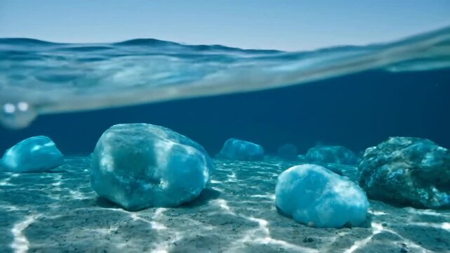 Aquamarine stones submerged in clear ocean water