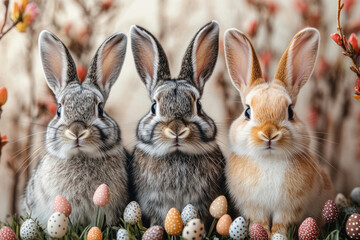 Fototapeta premium Festive Trio of Bunnies with Stripes and Dots Design