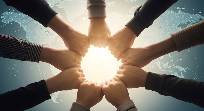 group of people holding hands. diverse hands stacking together symbolizing teamwork unity and global collaboration with world map background.