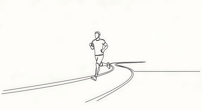 Continuous line drawing of a runner in motion, dynamic pose, minimalist black and white art
