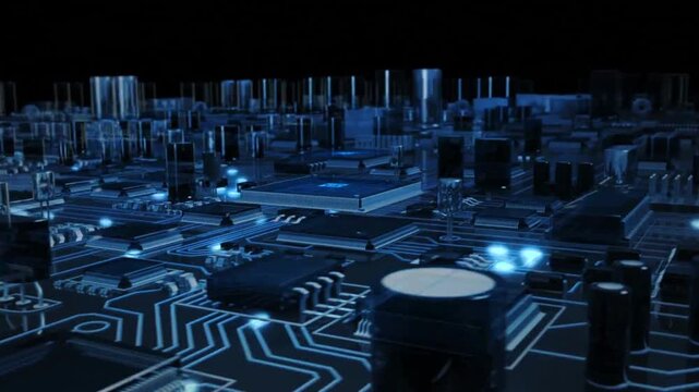 High-tech semiconductor manufacturing process with robotic arm handling silicon wafers and CPU chip production.